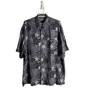 Retreat Men's Blue Floral Button-Down 100% Silk Short Sleeve Shirt